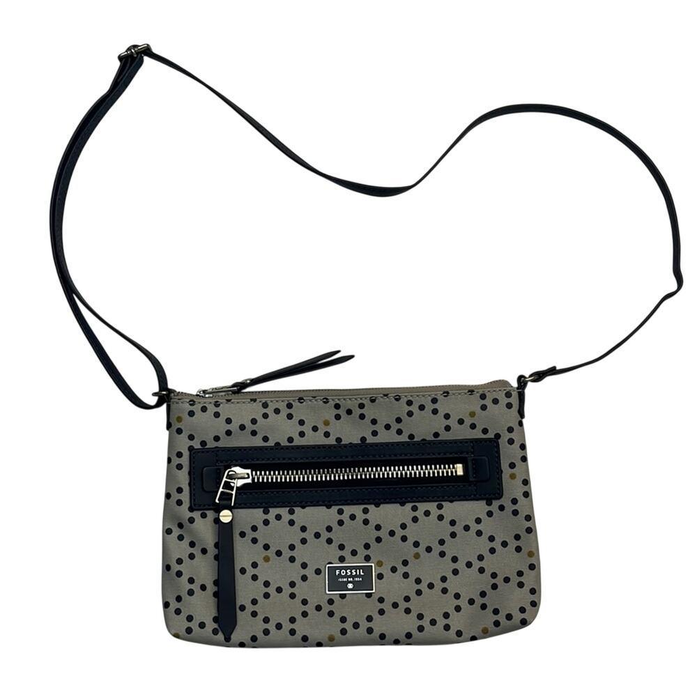 Fossil Dawson Small Crossbody Purse Gray w/ Navy Brown Polka Dots Coated Canvas